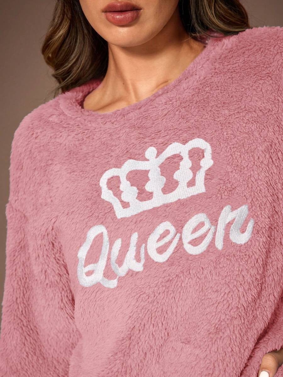 Women's Fuzzy Lounge Set, Pink Fleece Sweatshirt with Queen Crown Embroidery and Joggers, Pink, view 5