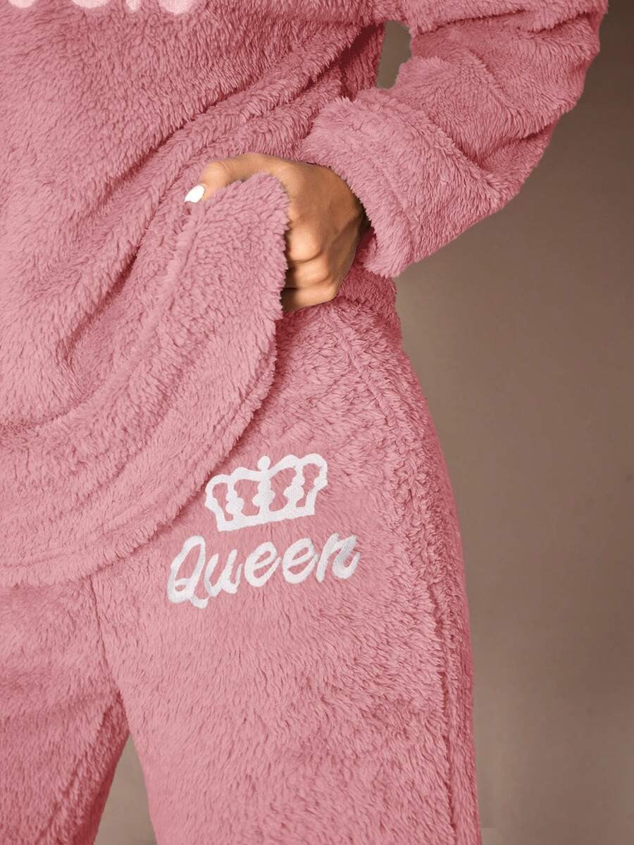 Women's Fuzzy Lounge Set, Pink Fleece Sweatshirt with Queen Crown Embroidery and Joggers, Pink, view 6
