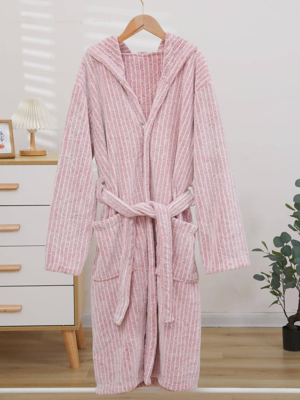 Women's Hooded Robe, Pink Striped Coral Fleece Bathrobe with Tie Belt and Two Pockets, Midi Length, Pink