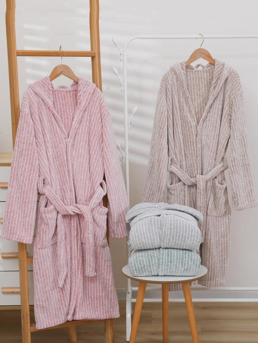 Women's Hooded Robe, Pink Striped Coral Fleece Bathrobe with Tie Belt and Two Pockets, Midi Length, Pink, view 3