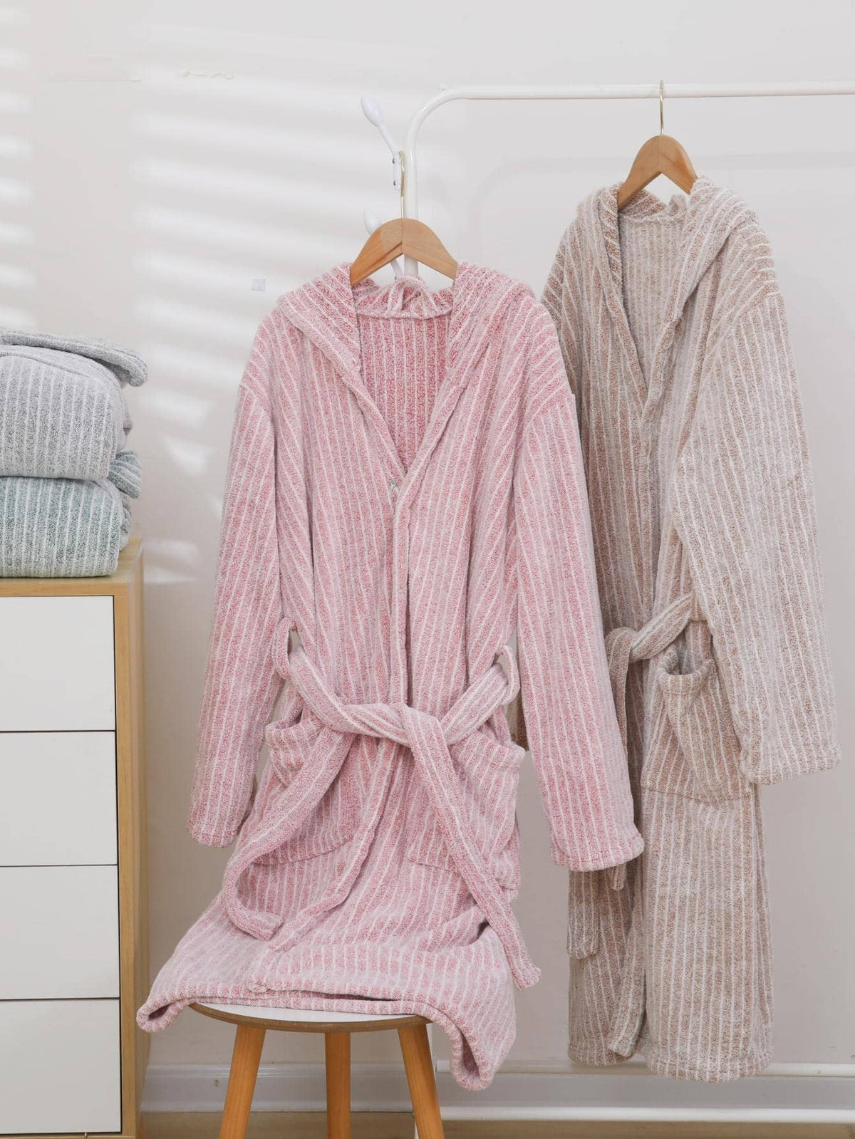 Women's Hooded Robe, Pink Striped Coral Fleece Bathrobe with Tie Belt and Two Pockets, Midi Length, Pink, view 4