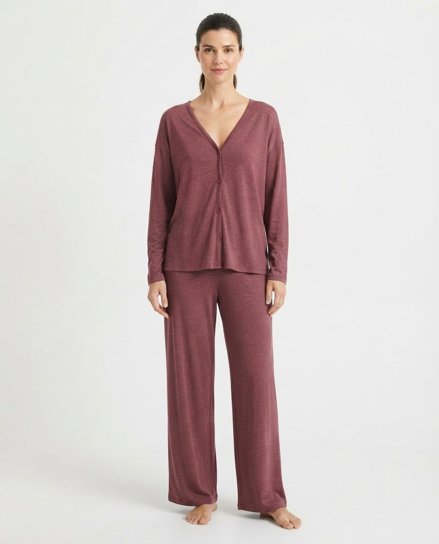 Women's Knit Lounge Set, V-Neck Button Front Top and Wide Leg Pants, Long Sleeve Pajamas, Redwood