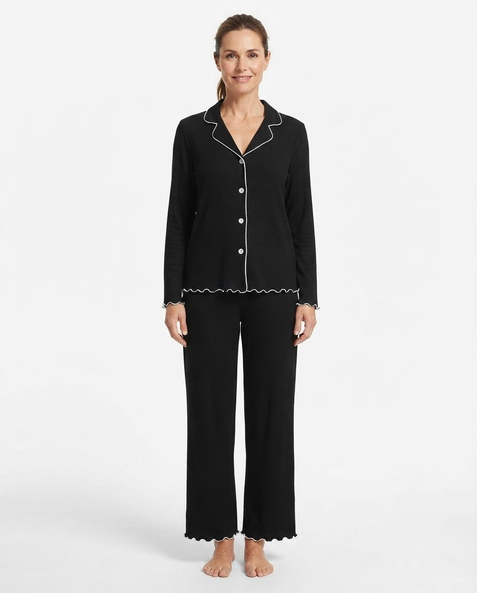 Women's Knit Pajama Set, Black Long Sleeve Button-Down Top and Wide Leg Pants, White Lettuce Trim, Black