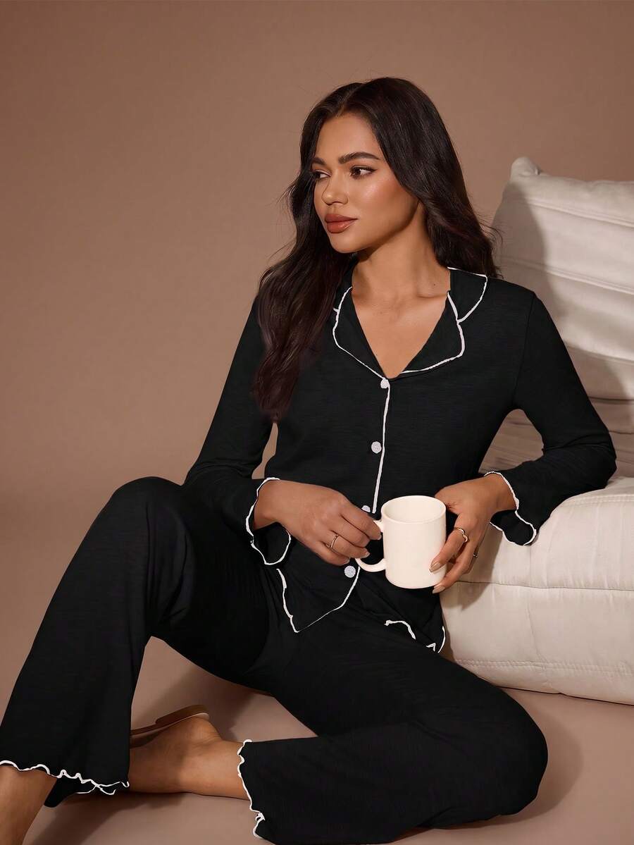 Women's Knit Pajama Set, Black Long Sleeve Button-Down Top and Wide Leg Pants, White Lettuce Trim, Black