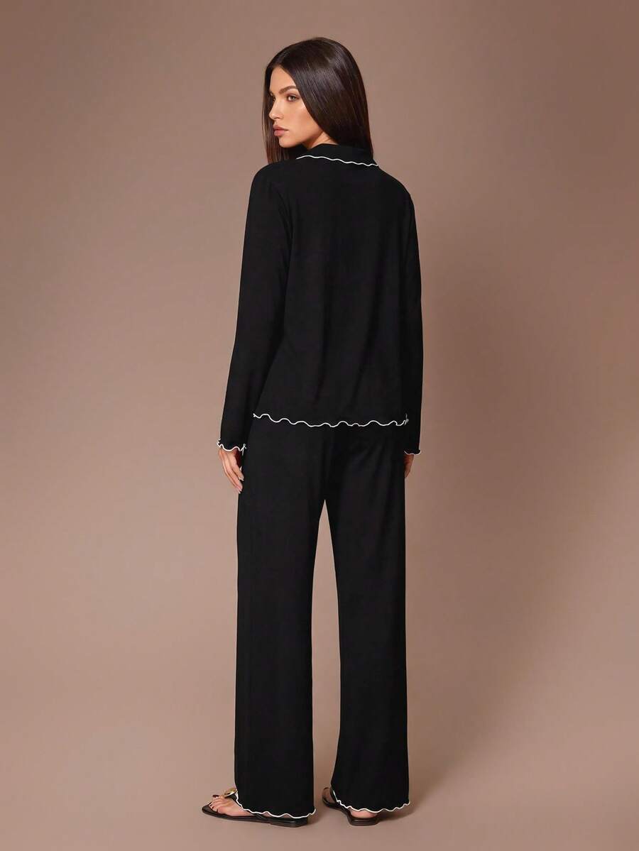 Women's Knit Pajama Set, Black Long Sleeve Button-Down Top and Wide Leg Pants, White Lettuce Trim, Black, view 2