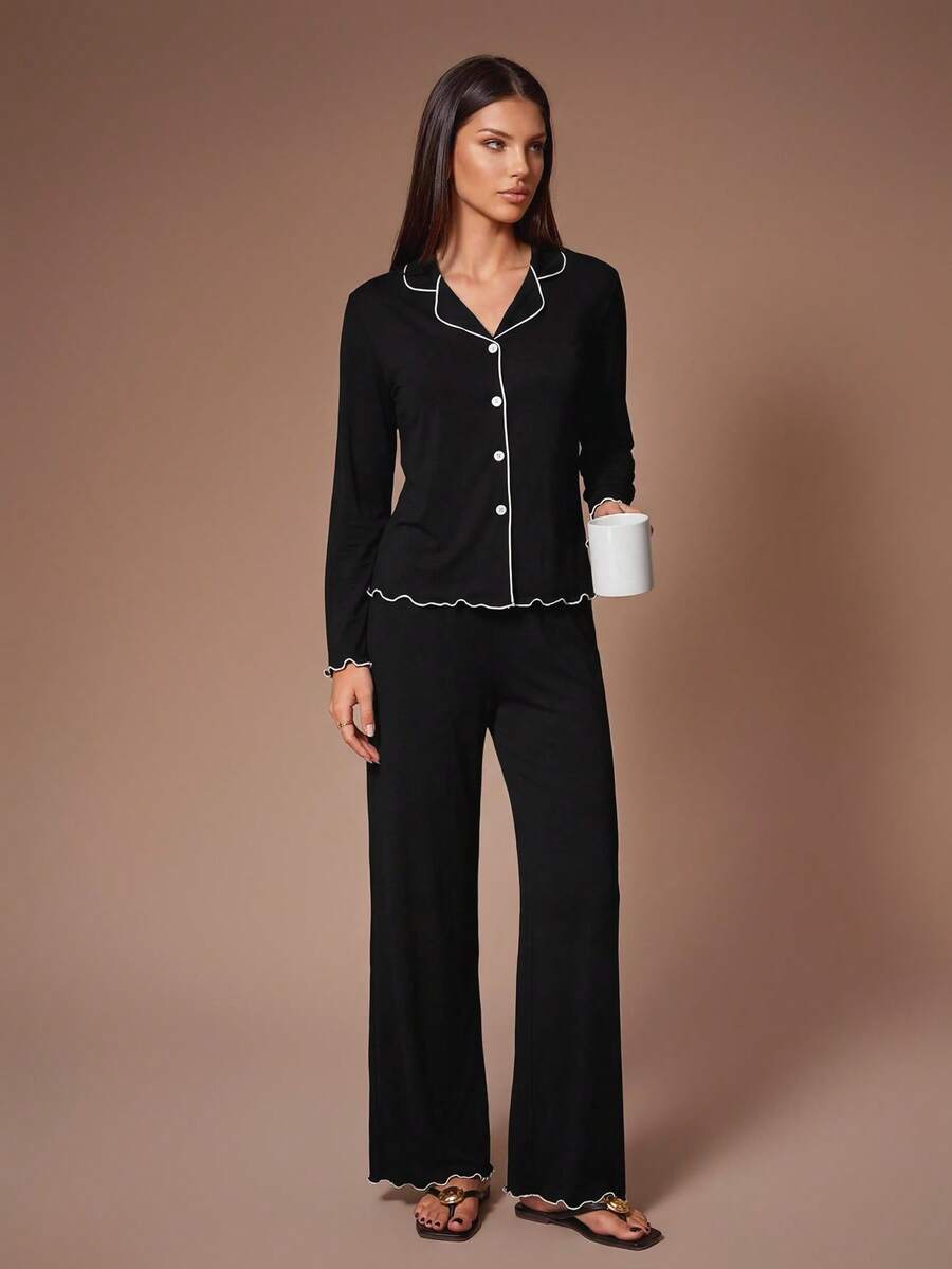 Women's Knit Pajama Set, Black Long Sleeve Button-Down Top and Wide Leg Pants, White Lettuce Trim, Black, view 3
