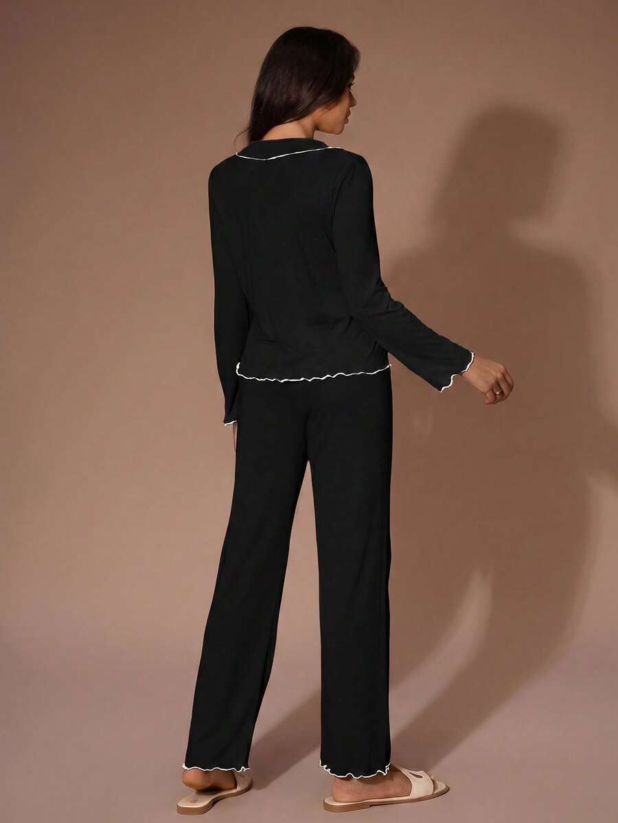 Women's Knit Pajama Set, Black Long Sleeve Button-Down Top and Wide Leg Pants, White Lettuce Trim, Black, view 5