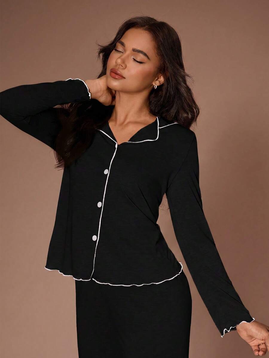 Women's Knit Pajama Set, Black Long Sleeve Button-Down Top and Wide Leg Pants, White Lettuce Trim, Black, view 6