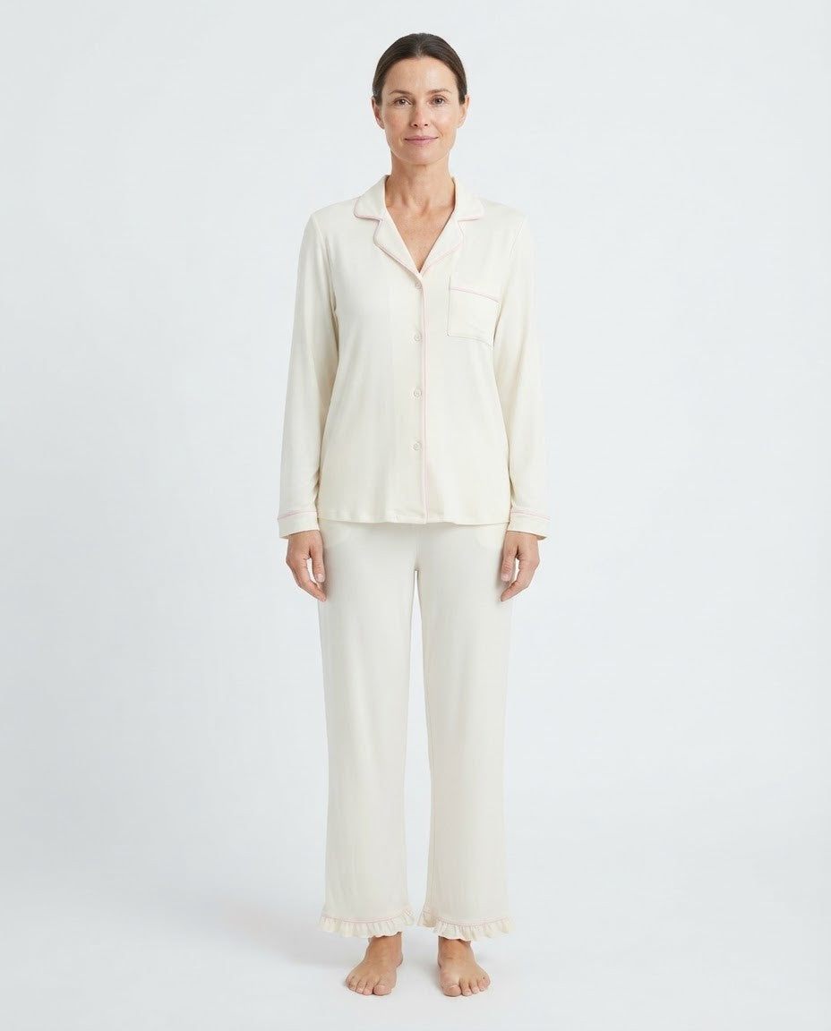 Women's Knit Pajama Set, Cream Long Sleeve Button-Down Top and Ruffle Hem Pants with Pink Piping, Apricot
