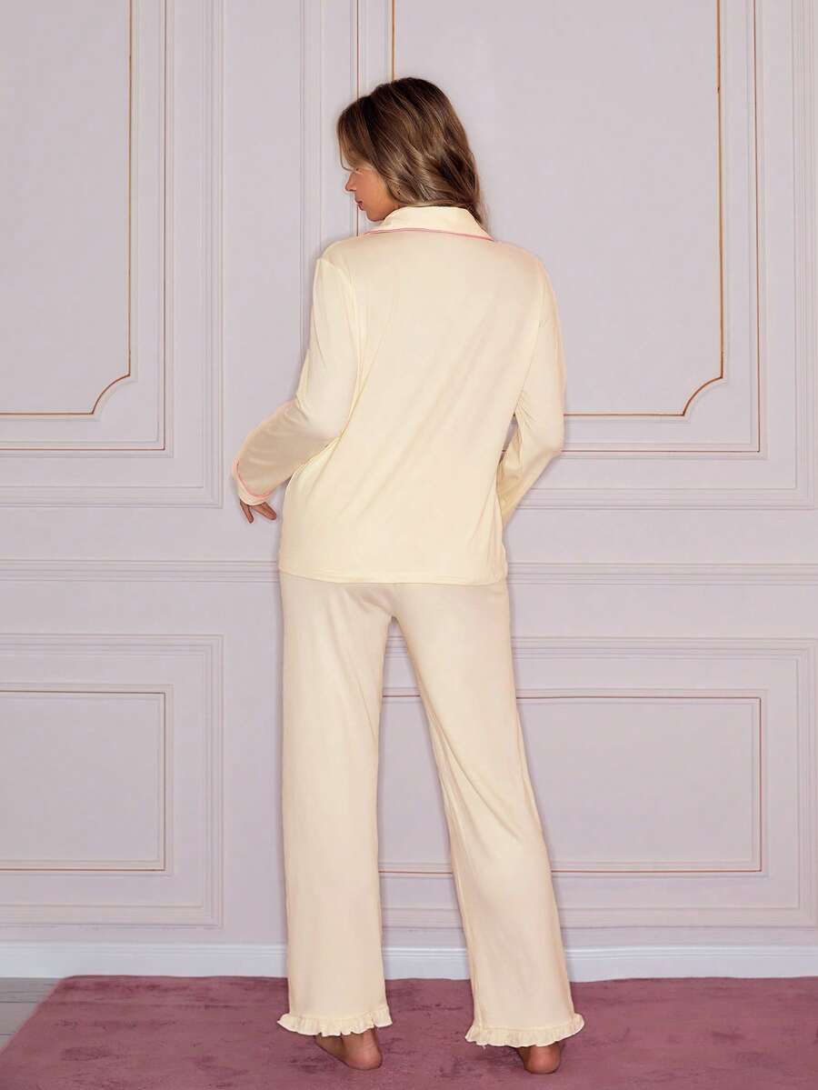 Women's Knit Pajama Set, Cream Long Sleeve Button-Down Top and Ruffle Hem Pants with Pink Piping, Apricot, view 2