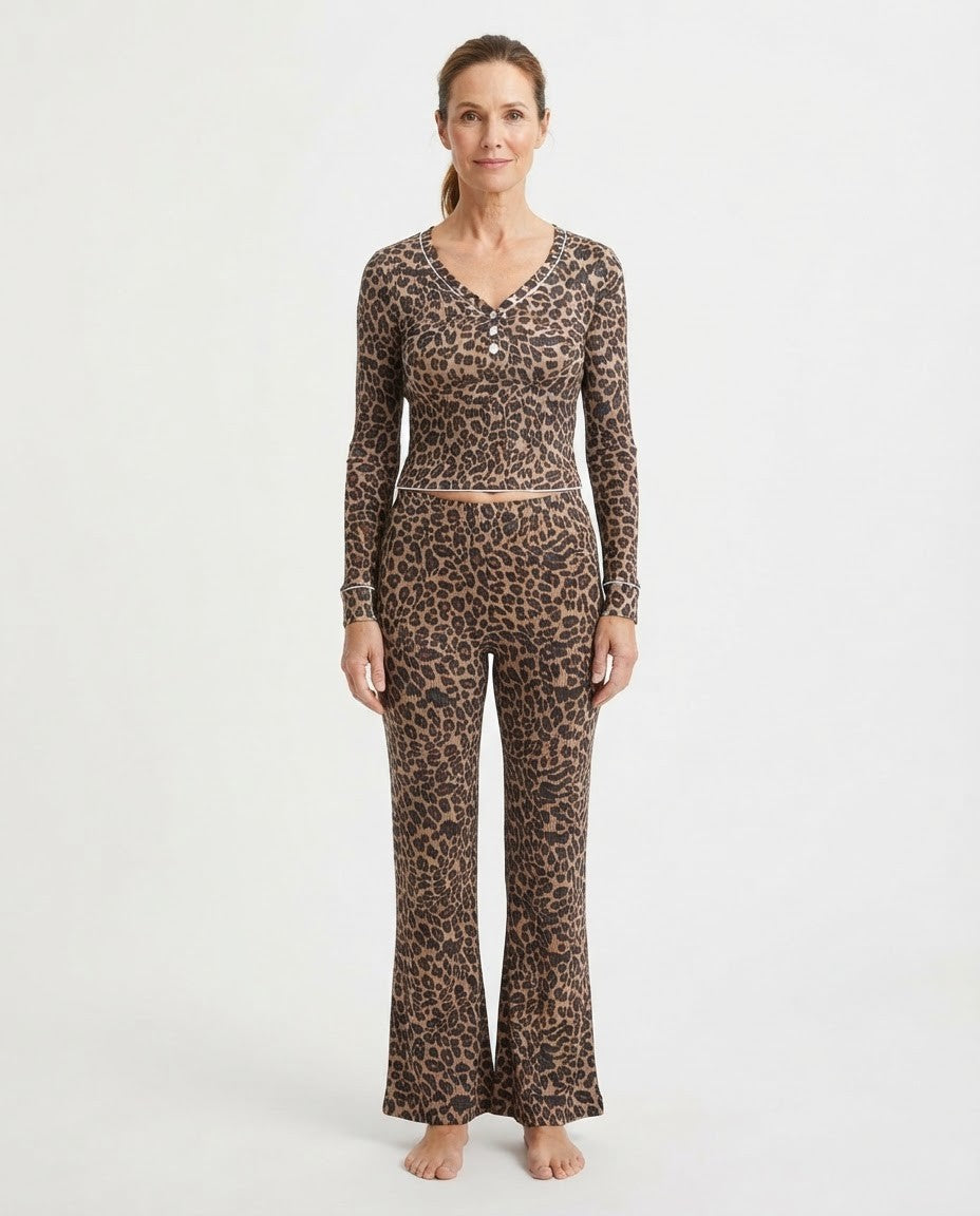Women's Knit Pajama Set, Leopard Print Long Sleeve Henley Top and Fitted Pants, Brown/Black
