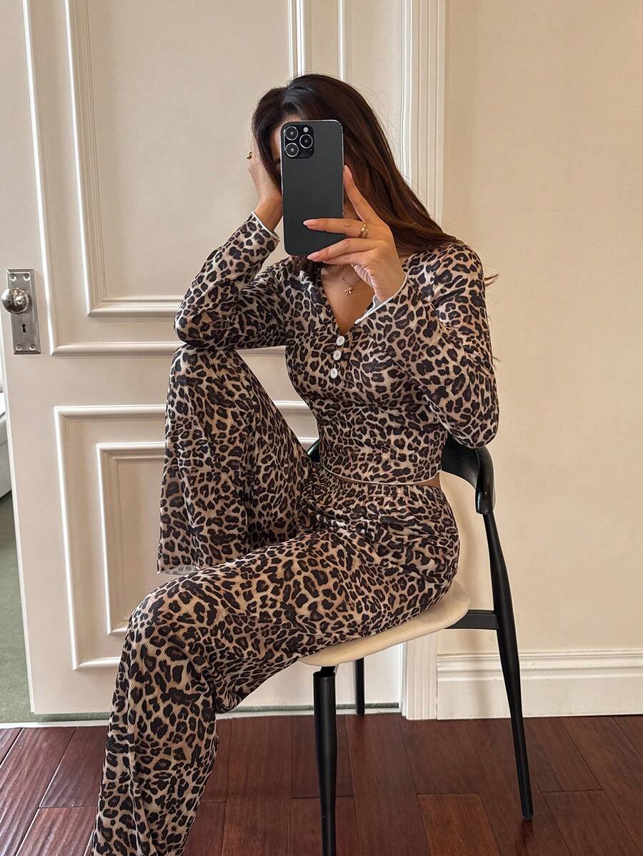 Women's Knit Pajama Set, Leopard Print Long Sleeve Henley Top and Fitted Pants, Brown/Black