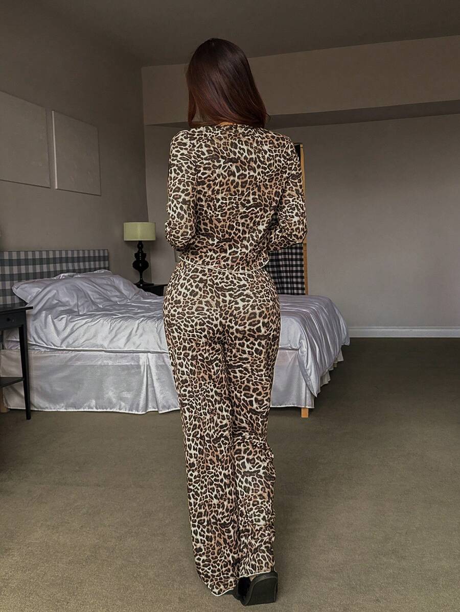 Women's Knit Pajama Set, Leopard Print Long Sleeve Henley Top and Fitted Pants, Brown/Black, view 2