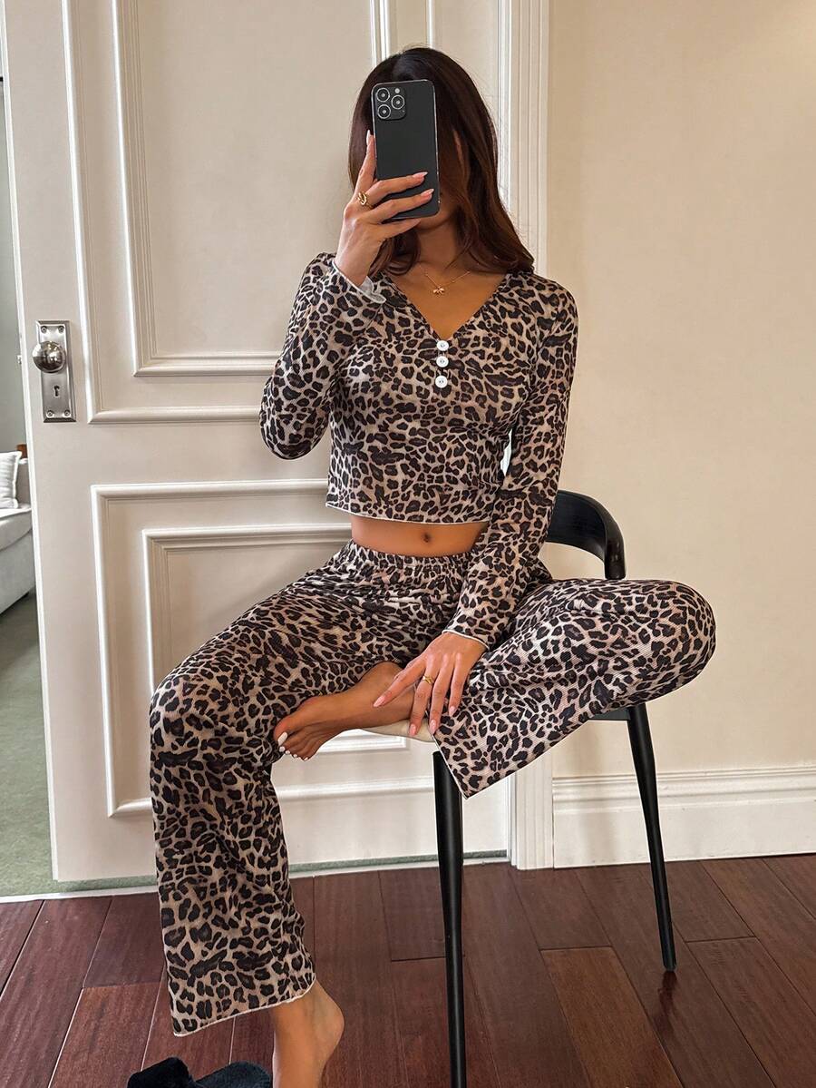Women's Knit Pajama Set, Leopard Print Long Sleeve Henley Top and Fitted Pants, Brown/Black, view 5