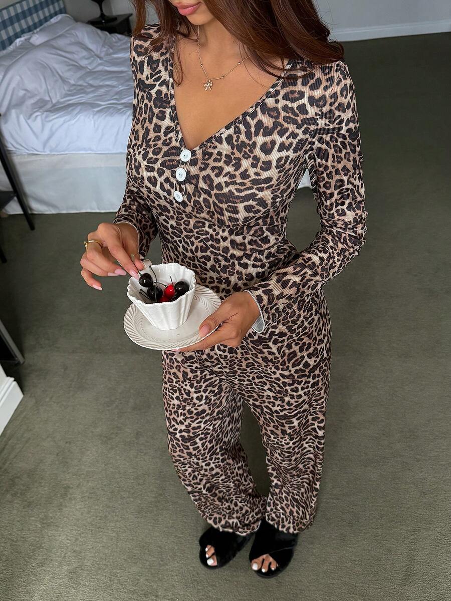 Women's Knit Pajama Set, Leopard Print Long Sleeve Henley Top and Fitted Pants, Brown/Black, view 6