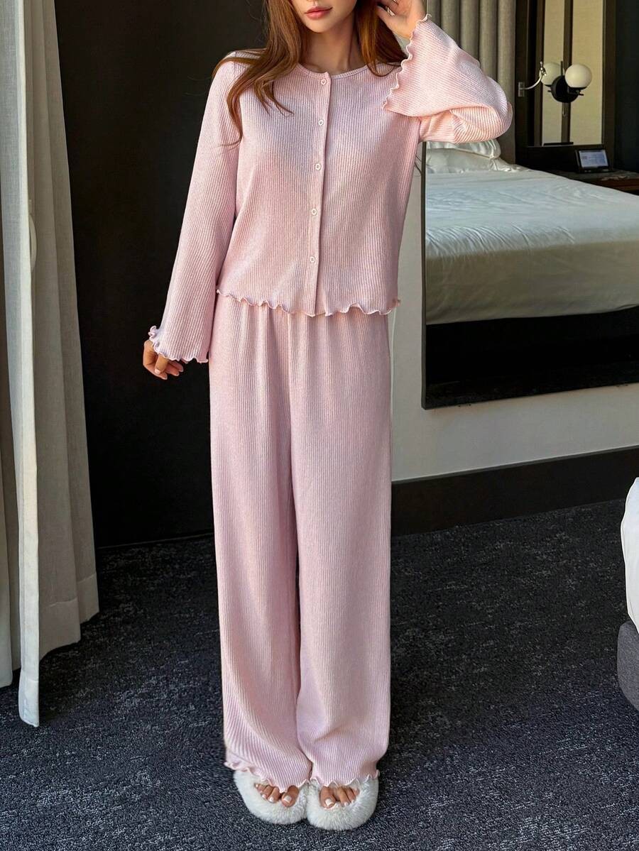 Women's Knit Pajama Set, Light Pink Ribbed Button Front Top and Wide Leg Pants with Lettuce Hem, Light Pink