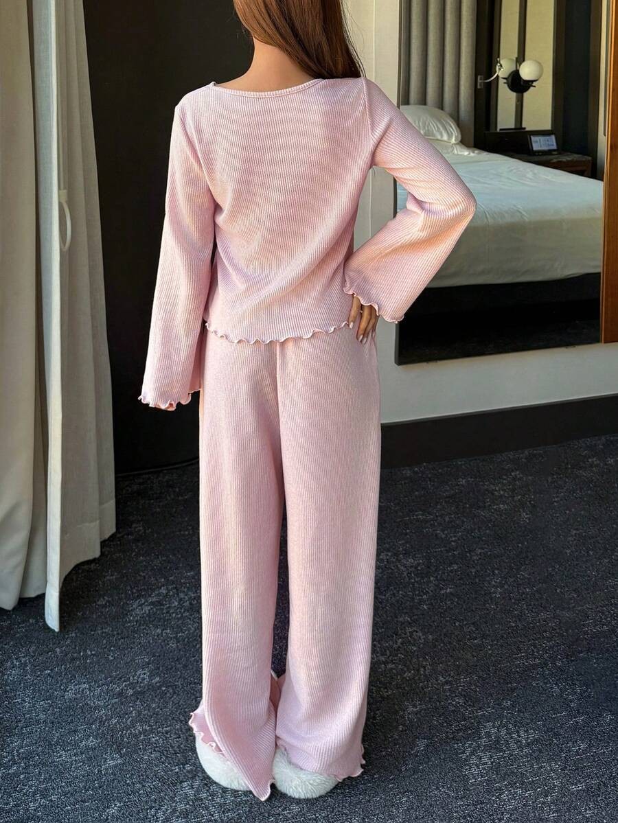Women's Knit Pajama Set, Light Pink Ribbed Button Front Top and Wide Leg Pants with Lettuce Hem, Light Pink, view 3