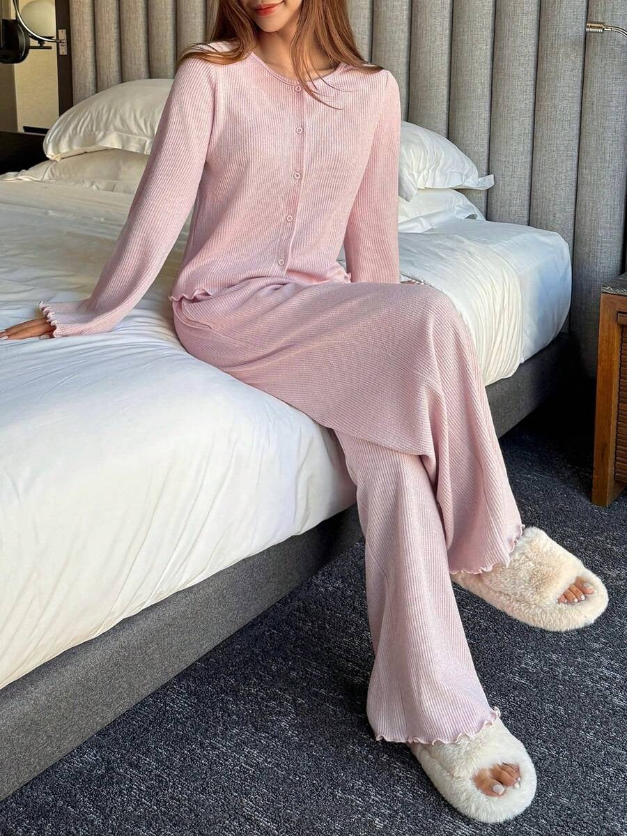 Women's Knit Pajama Set, Light Pink Ribbed Button Front Top and Wide Leg Pants with Lettuce Hem, Light Pink, view 5