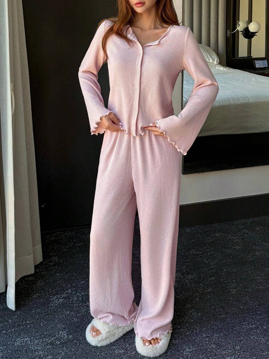 Women's Knit Pajama Set, Light Pink Ribbed Button Front Top and Wide Leg Pants with Lettuce Hem, Light Pink, view 6