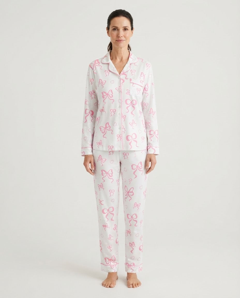 Women's Knit Pajama Set, White Long Sleeve Button-Down Top and Pants with Pink Bow Print, White