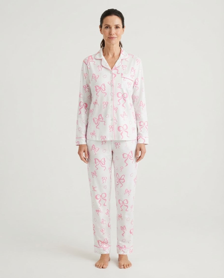 Women's Knit Pajama Set, White Long Sleeve Button-Down Top and Pants with Pink Bow Print, White