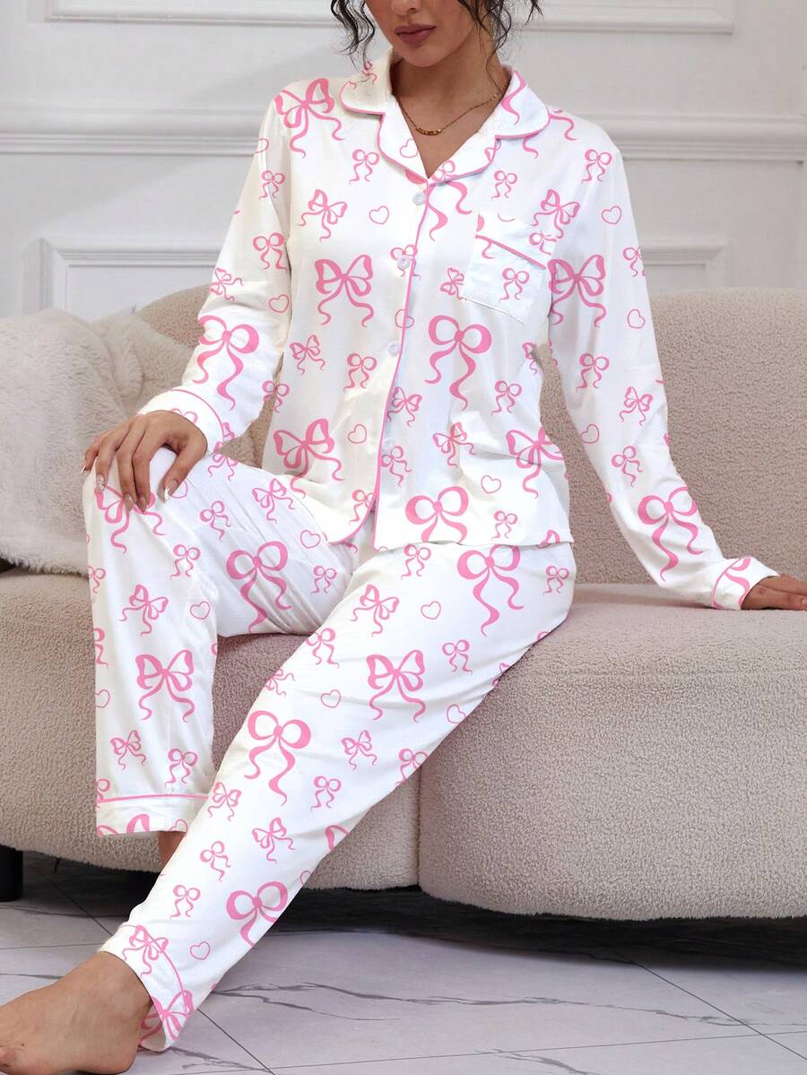 Women's Knit Pajama Set, White Long Sleeve Button-Down Top and Pants with Pink Bow Print, White