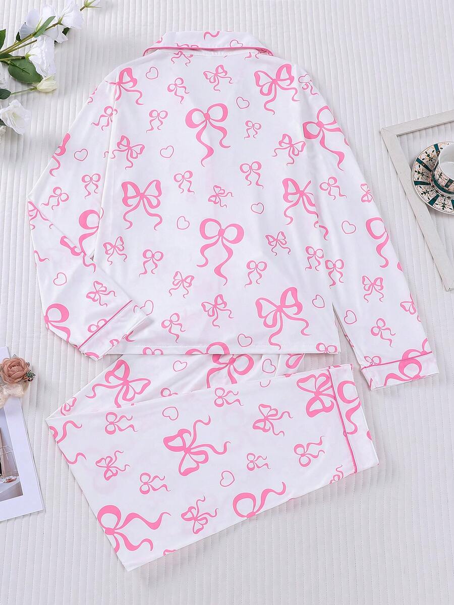 Women's Knit Pajama Set, White Long Sleeve Button-Down Top and Pants with Pink Bow Print, White, view 2