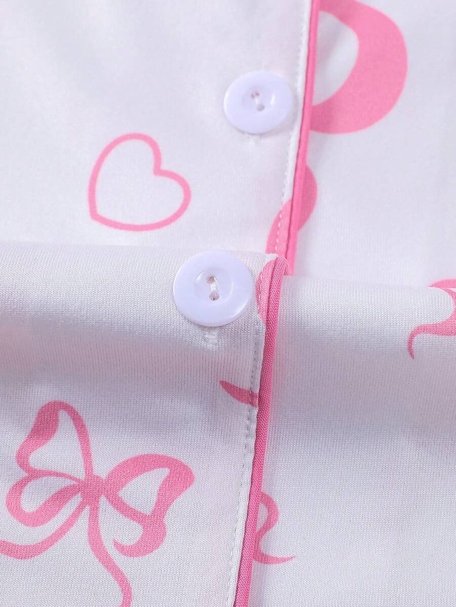 Women's Knit Pajama Set, White Long Sleeve Button-Down Top and Pants with Pink Bow Print, White, view 4