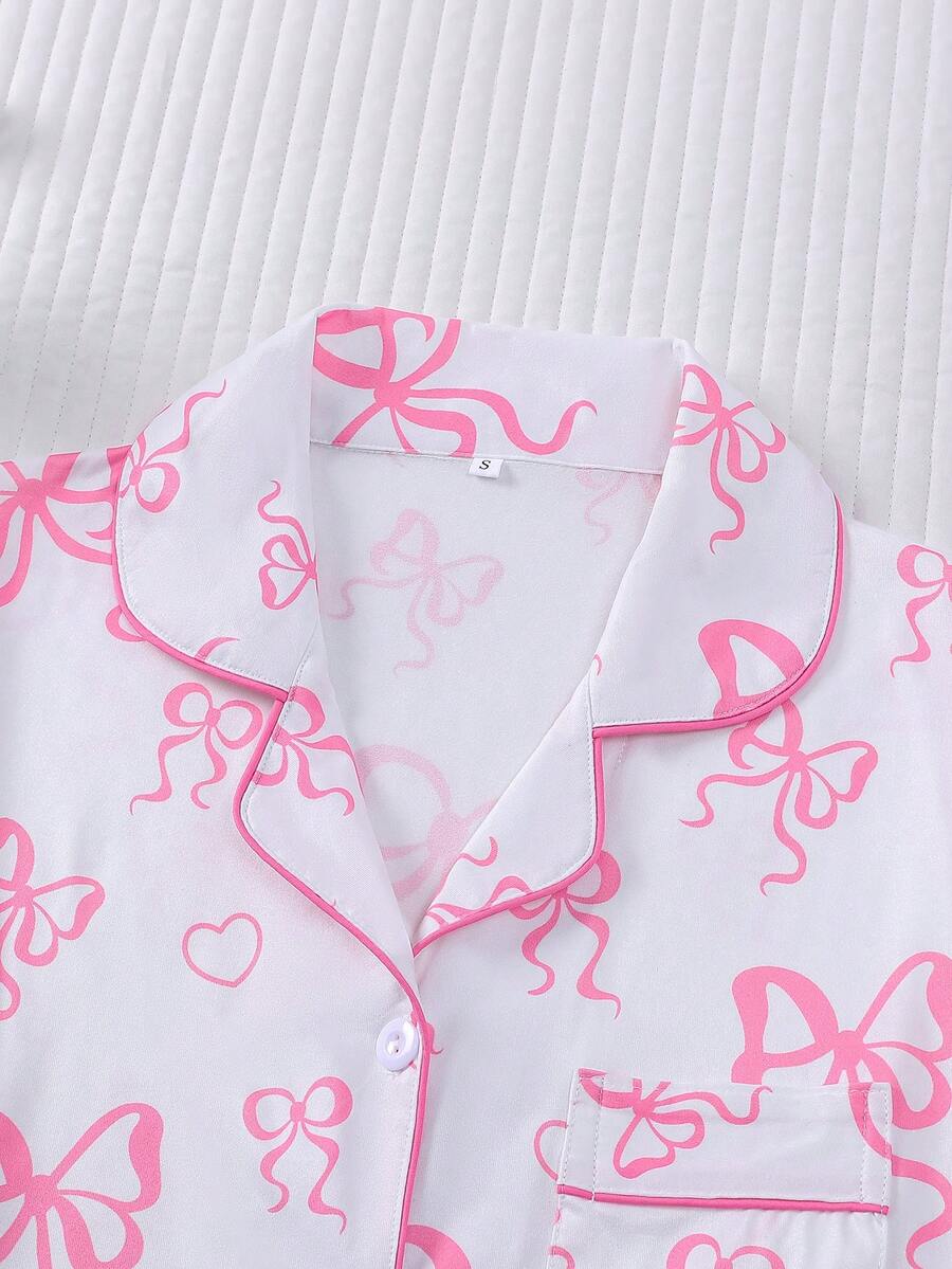 Women's Knit Pajama Set, White Long Sleeve Button-Down Top and Pants with Pink Bow Print, White, view 5