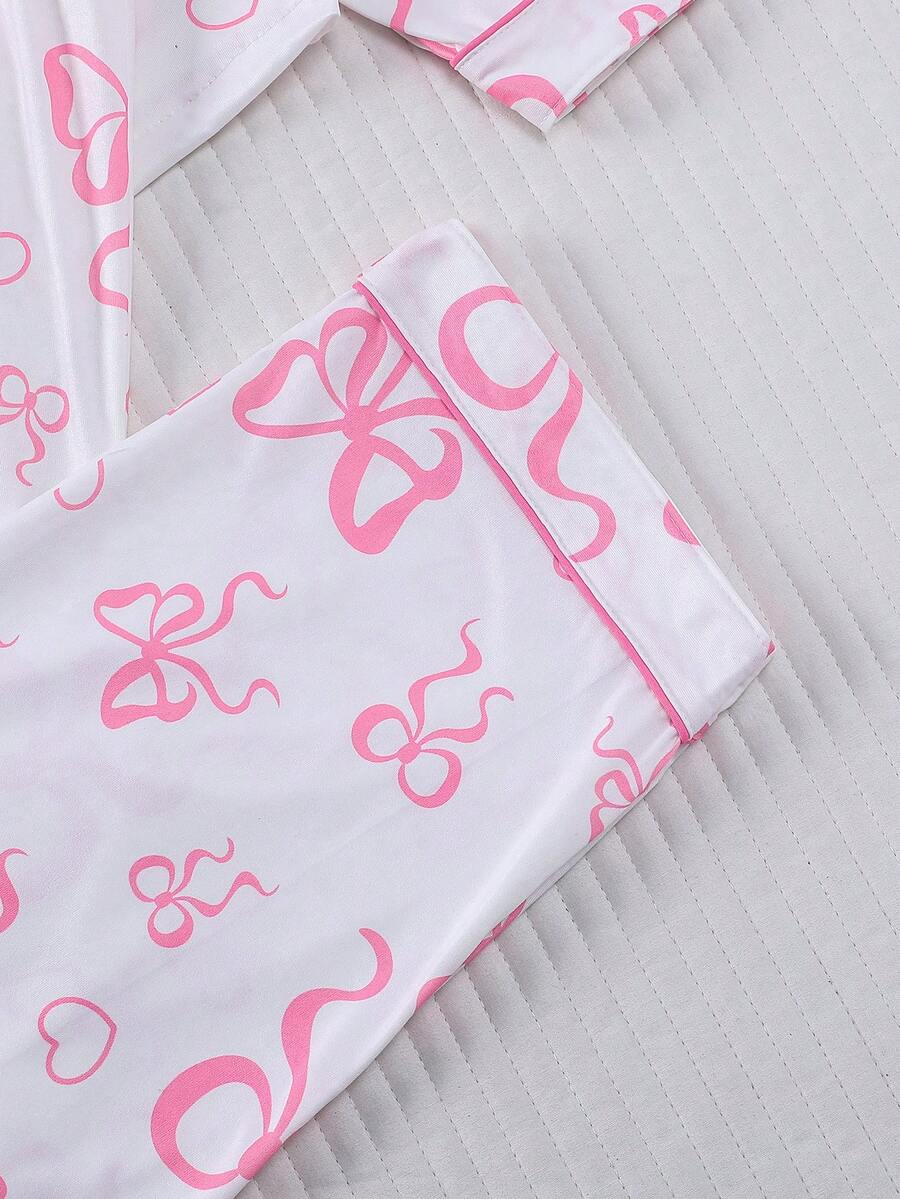 Women's Knit Pajama Set, White Long Sleeve Button-Down Top and Pants with Pink Bow Print, White, view 6