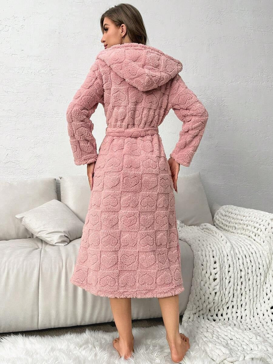 Women's Long Hooded Robe, Dusty Pink Plush Bathrobe with Embossed Heart Pattern and Tie Belt, Dusty Pink, view 2