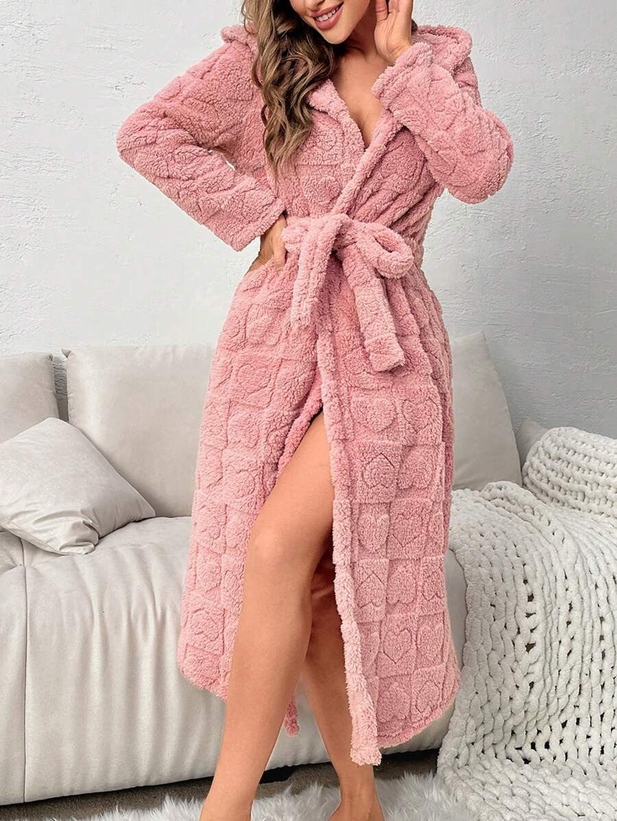 Women's Long Hooded Robe, Dusty Pink Plush Bathrobe with Embossed Heart Pattern and Tie Belt, Dusty Pink, view 5