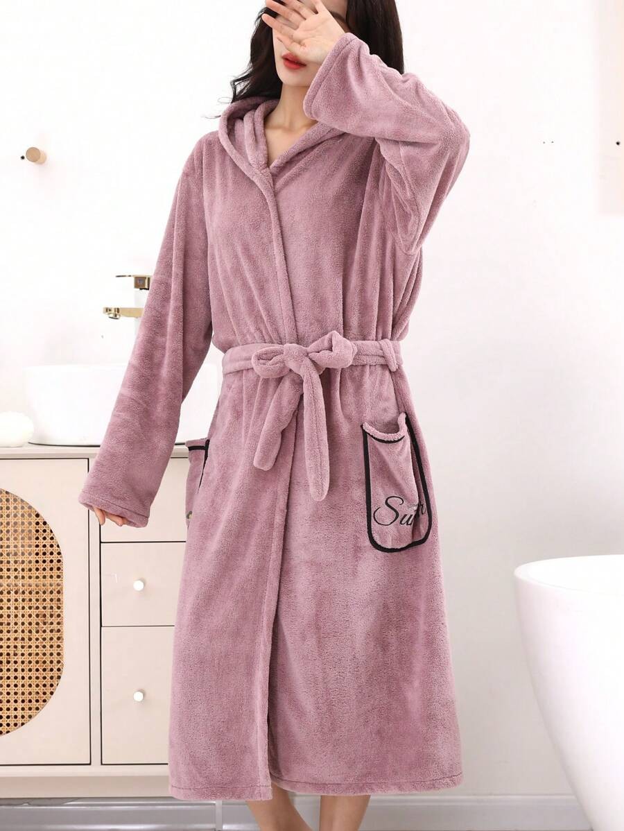 Women's Long Hooded Robe, Mauve Plush Fleece Bathrobe with Tie Belt and Embroidered Patch Pockets, Mauve