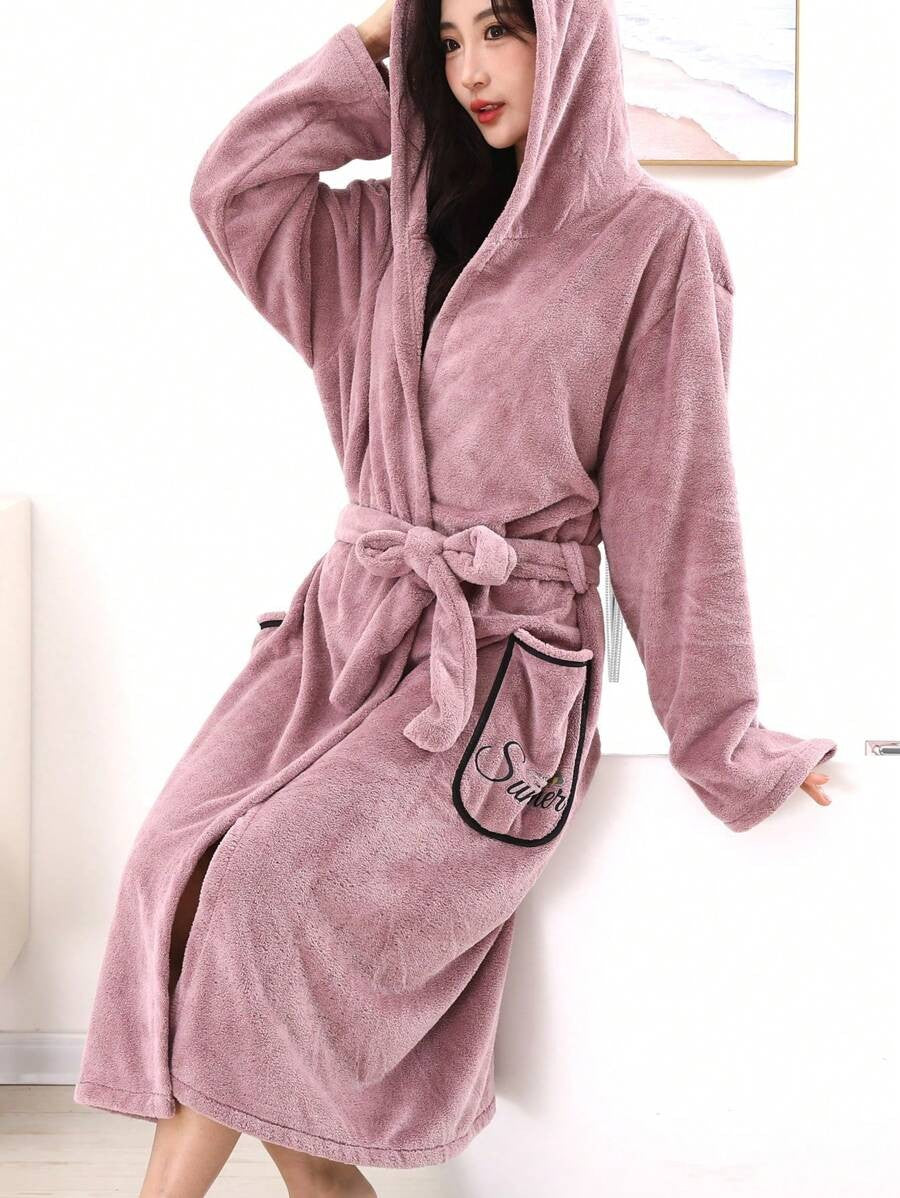 Women's Long Hooded Robe, Mauve Plush Fleece Bathrobe with Tie Belt and Embroidered Patch Pockets, Mauve, view 2