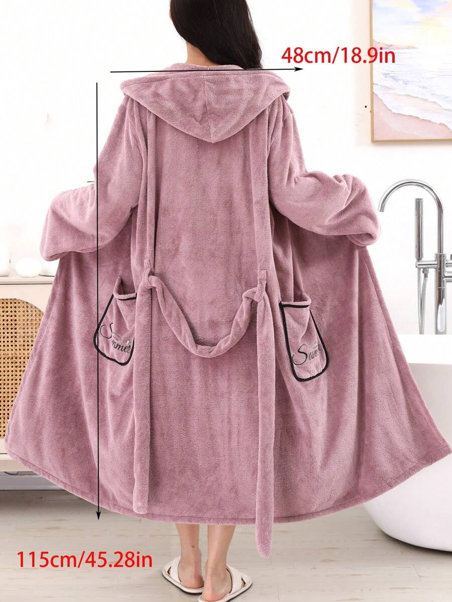 Women's Long Hooded Robe, Mauve Plush Fleece Bathrobe with Tie Belt and Embroidered Patch Pockets, Mauve, view 3