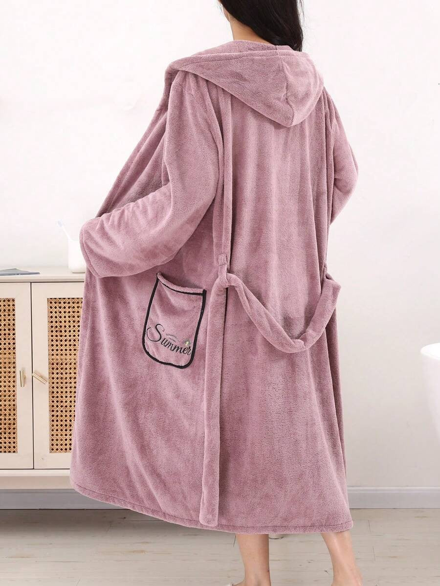Women's Long Hooded Robe, Mauve Plush Fleece Bathrobe with Tie Belt and Embroidered Patch Pockets, Mauve, view 4