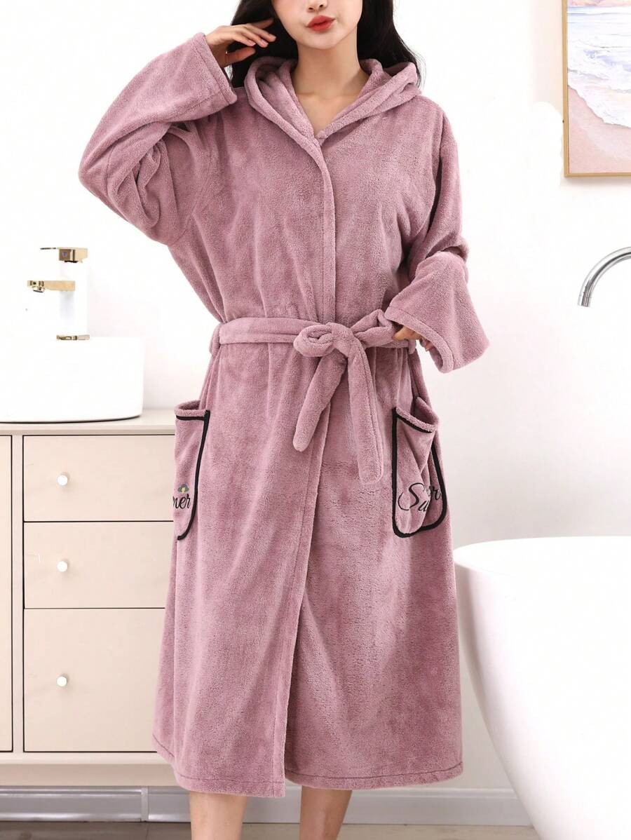Women's Long Hooded Robe, Mauve Plush Fleece Bathrobe with Tie Belt and Embroidered Patch Pockets, Mauve, view 5