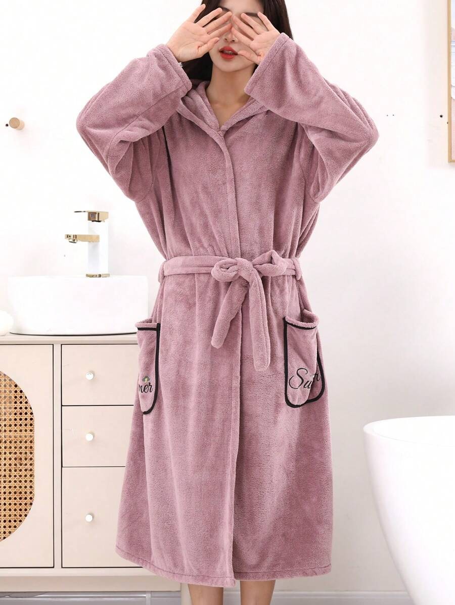Women's Long Hooded Robe, Mauve Plush Fleece Bathrobe with Tie Belt and Embroidered Patch Pockets, Mauve, view 6