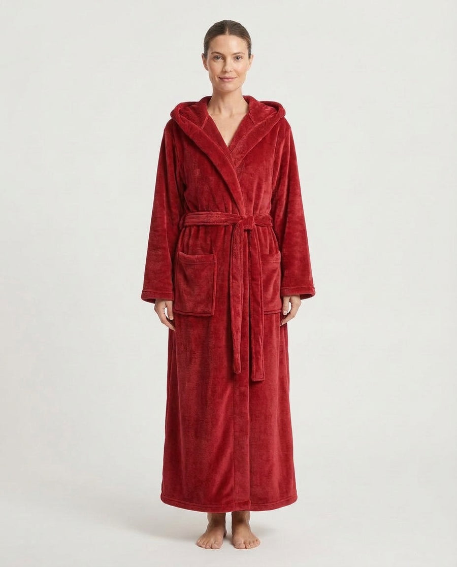 Women's Long Hooded Robe, Red Flannel Bathrobe with Tie Belt and Two Pockets, Ankle Length, front view