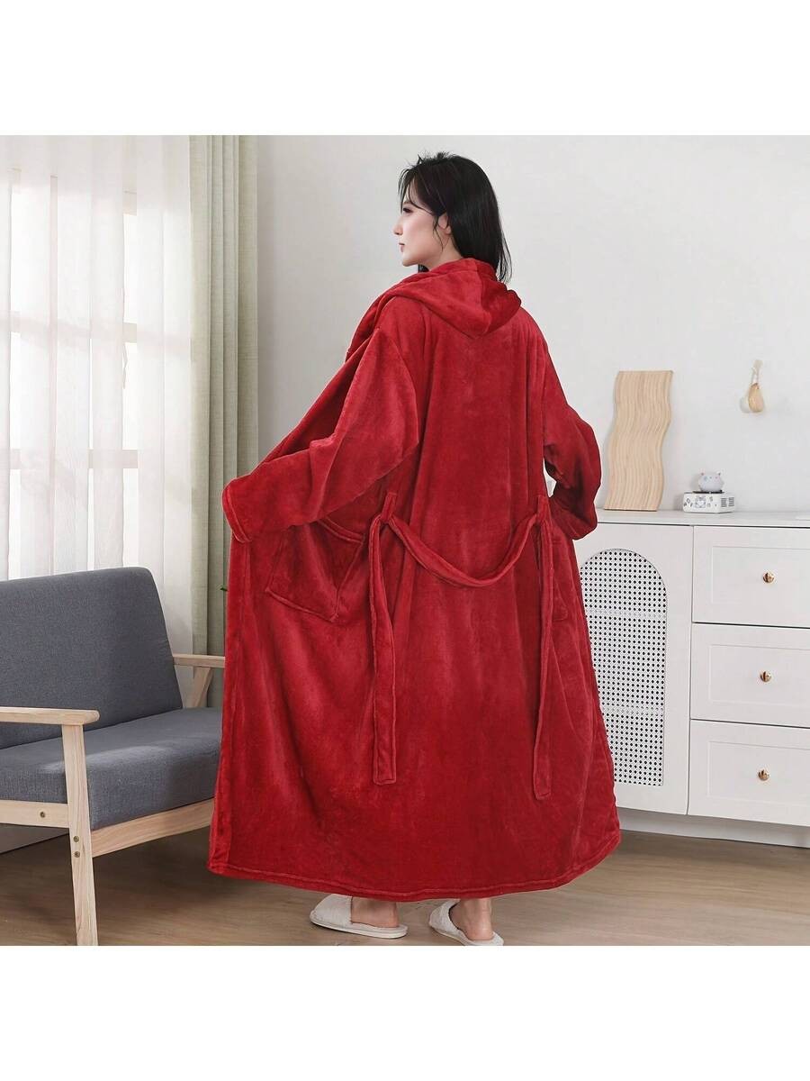 Women's Long Hooded Robe, Red Flannel Bathrobe with Tie Belt and Two Pockets, Ankle Length, Red, view 2
