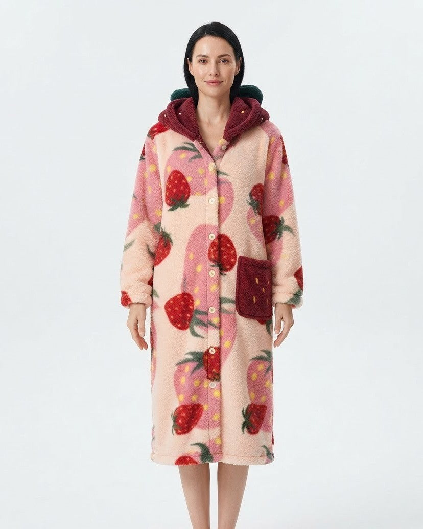 Women's Long Plush Robe, Hooded Strawberry Print Fleece Bathrobe with Button Front and Pockets, Pink/Red