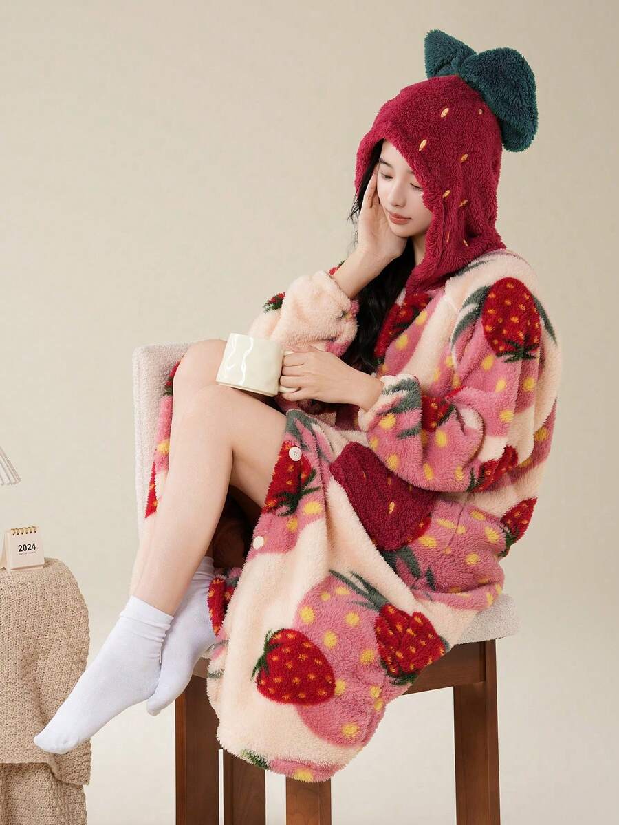 Women's Long Plush Robe, Hooded Strawberry Print Fleece Bathrobe with Button Front and Pockets, Pink/Red