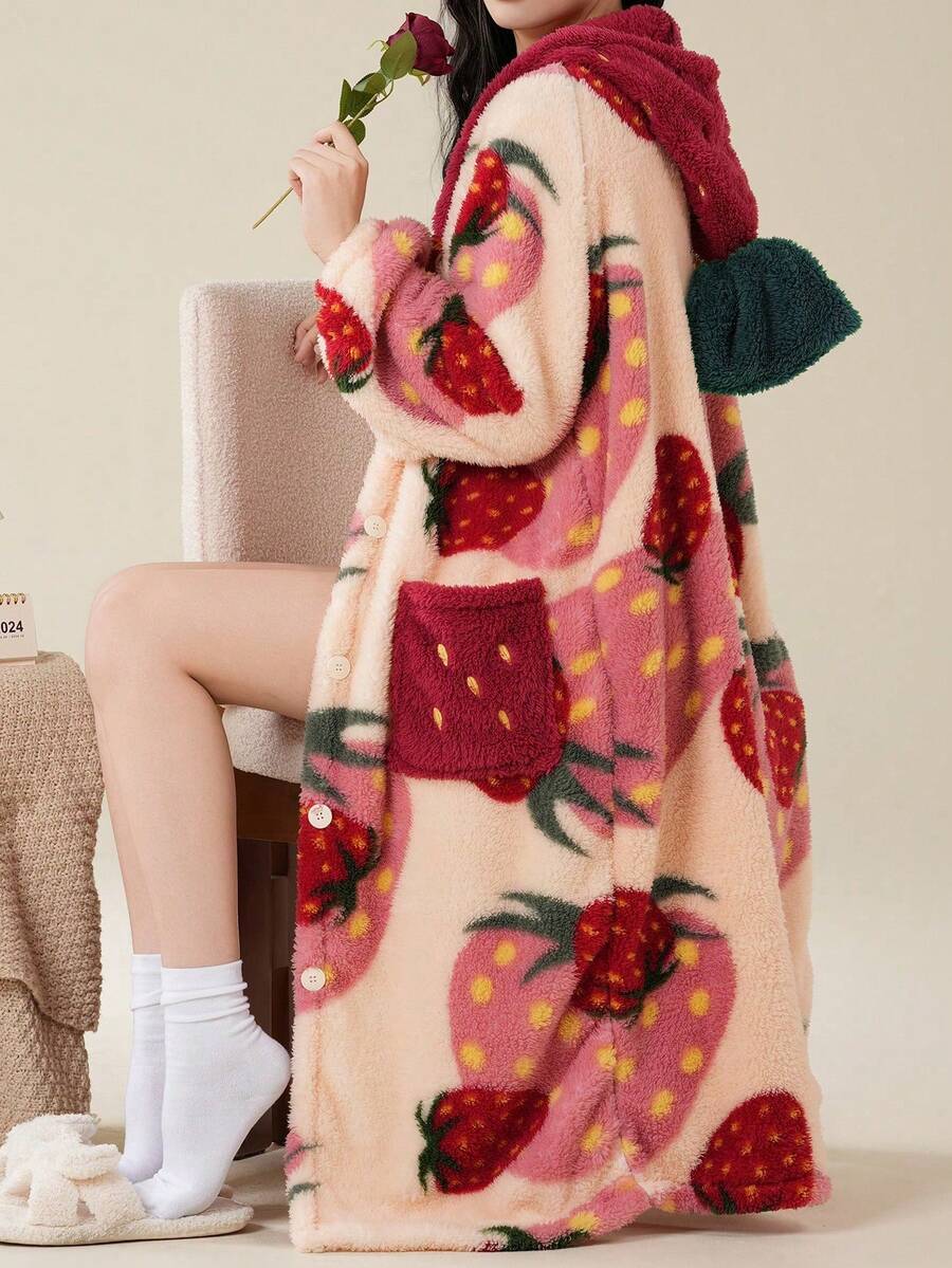 Women's Long Plush Robe, Hooded Strawberry Print Fleece Bathrobe with Button Front and Pockets, Pink/Red, view 2