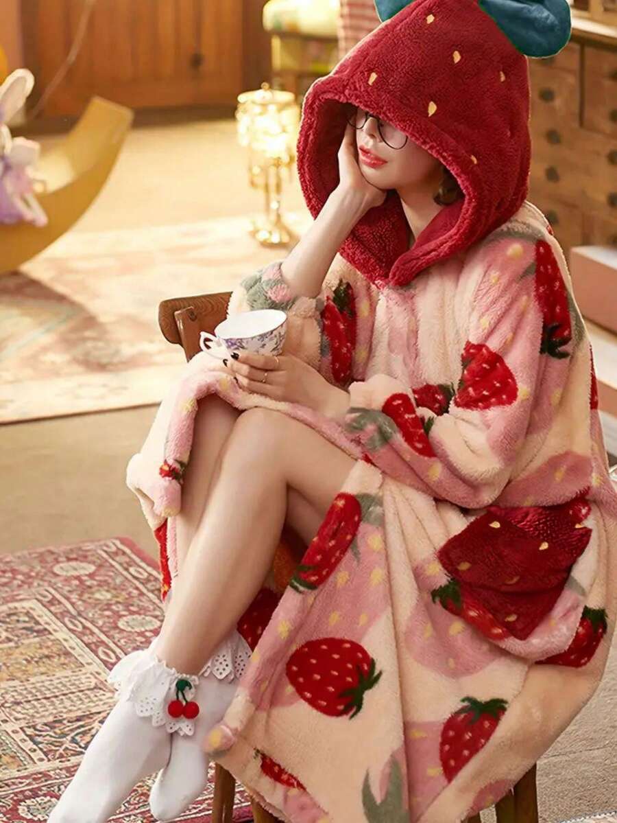 Women's Long Plush Robe, Hooded Strawberry Print Fleece Bathrobe with Button Front and Pockets, Pink/Red, view 3