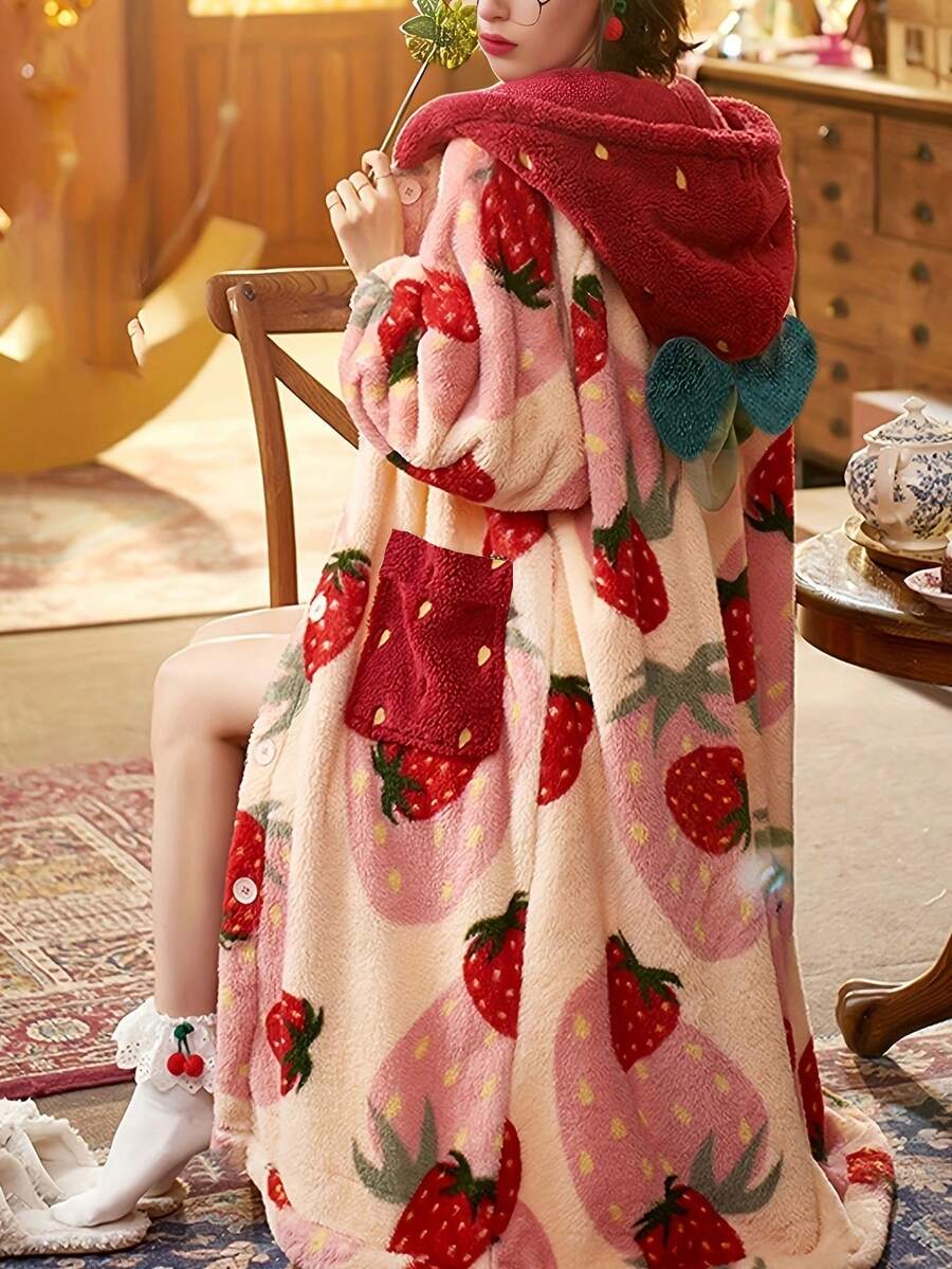 Women's Long Plush Robe, Hooded Strawberry Print Fleece Bathrobe with Button Front and Pockets, Pink/Red, view 5