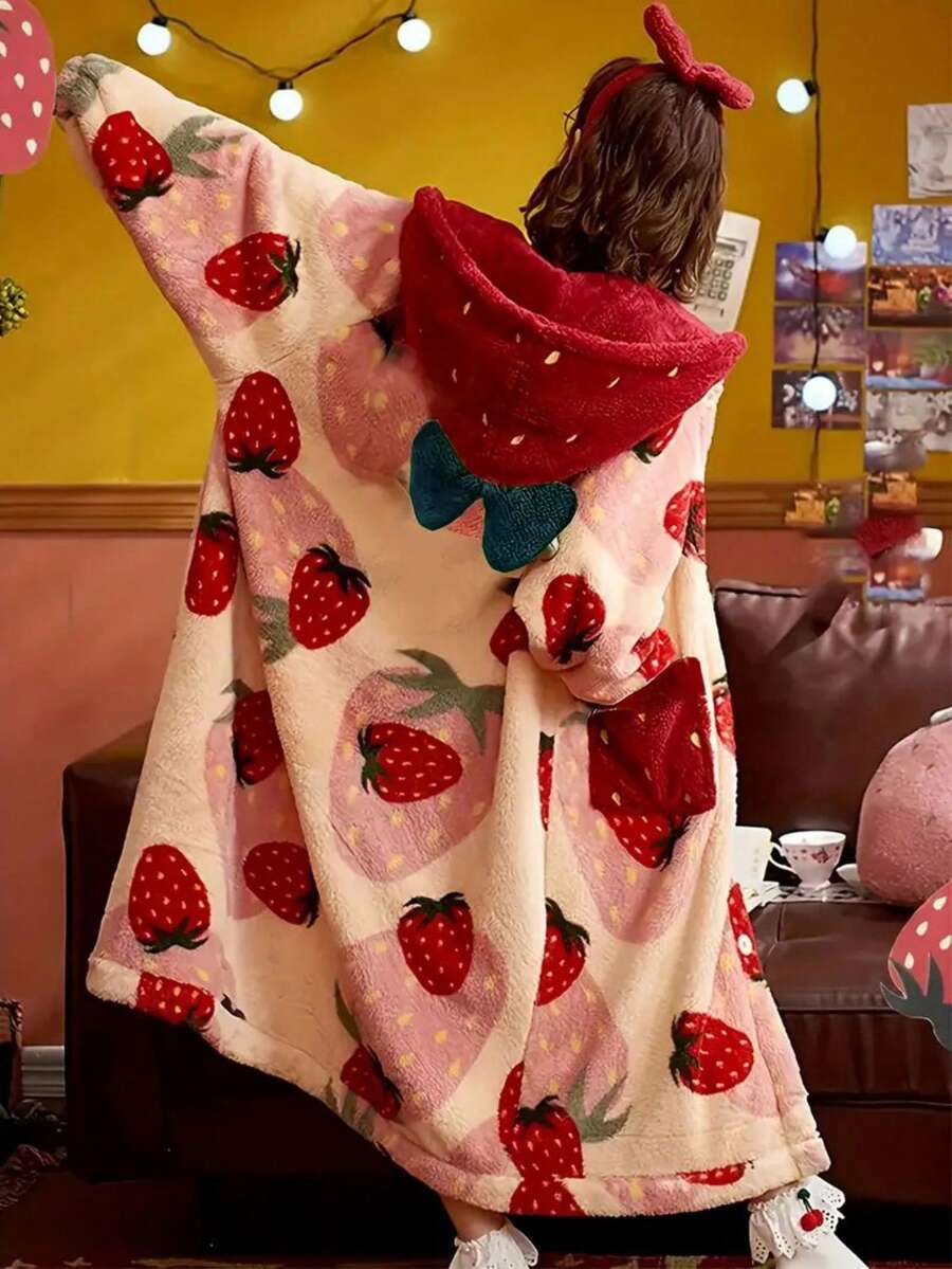Women's Long Plush Robe, Hooded Strawberry Print Fleece Bathrobe with Button Front and Pockets, Pink/Red, view 6