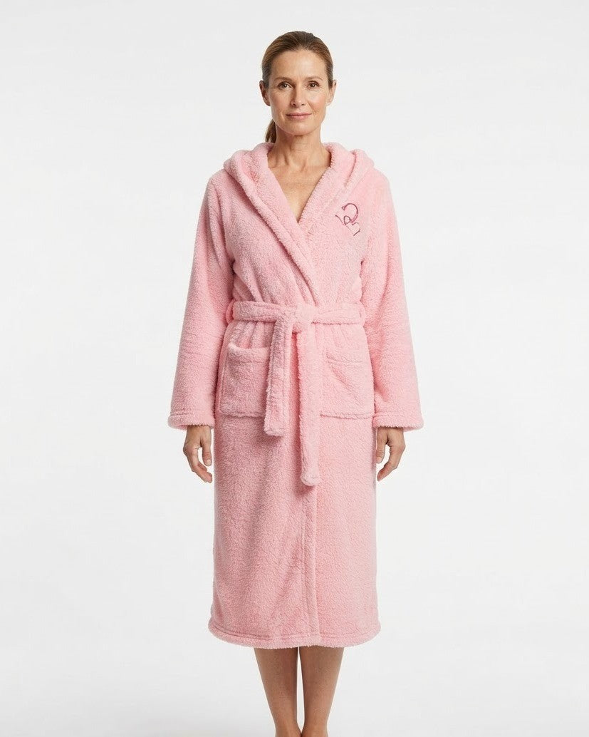 Women's Long Plush Robe, Pink Fleece Bathrobe with Shawl Collar, Tie Belt, Pockets and Heart Embroidery, Pink