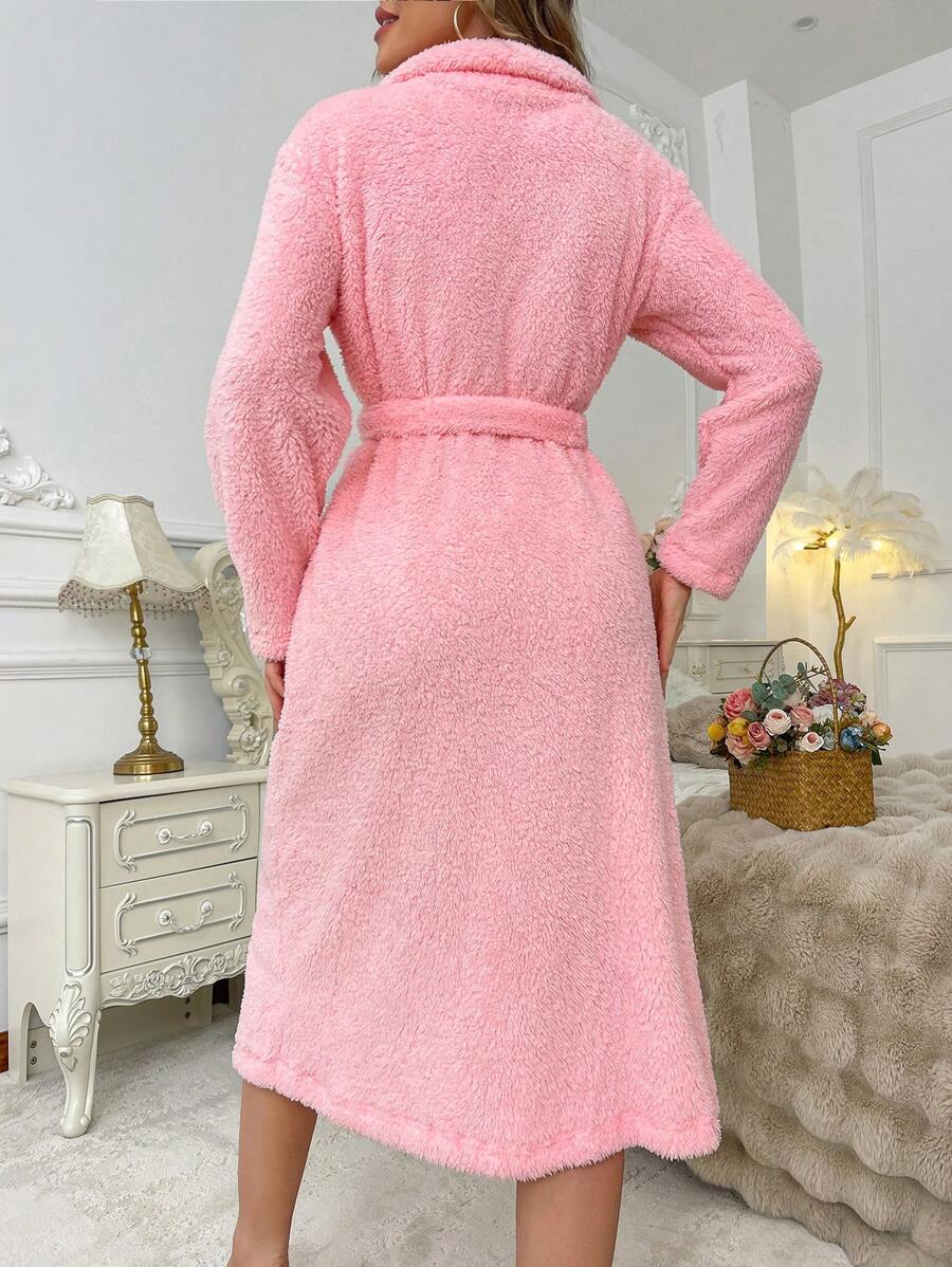 Women's Long Plush Robe, Pink Fleece Bathrobe with Shawl Collar, Tie Belt, Pockets and Heart Embroidery, Pink, view 2