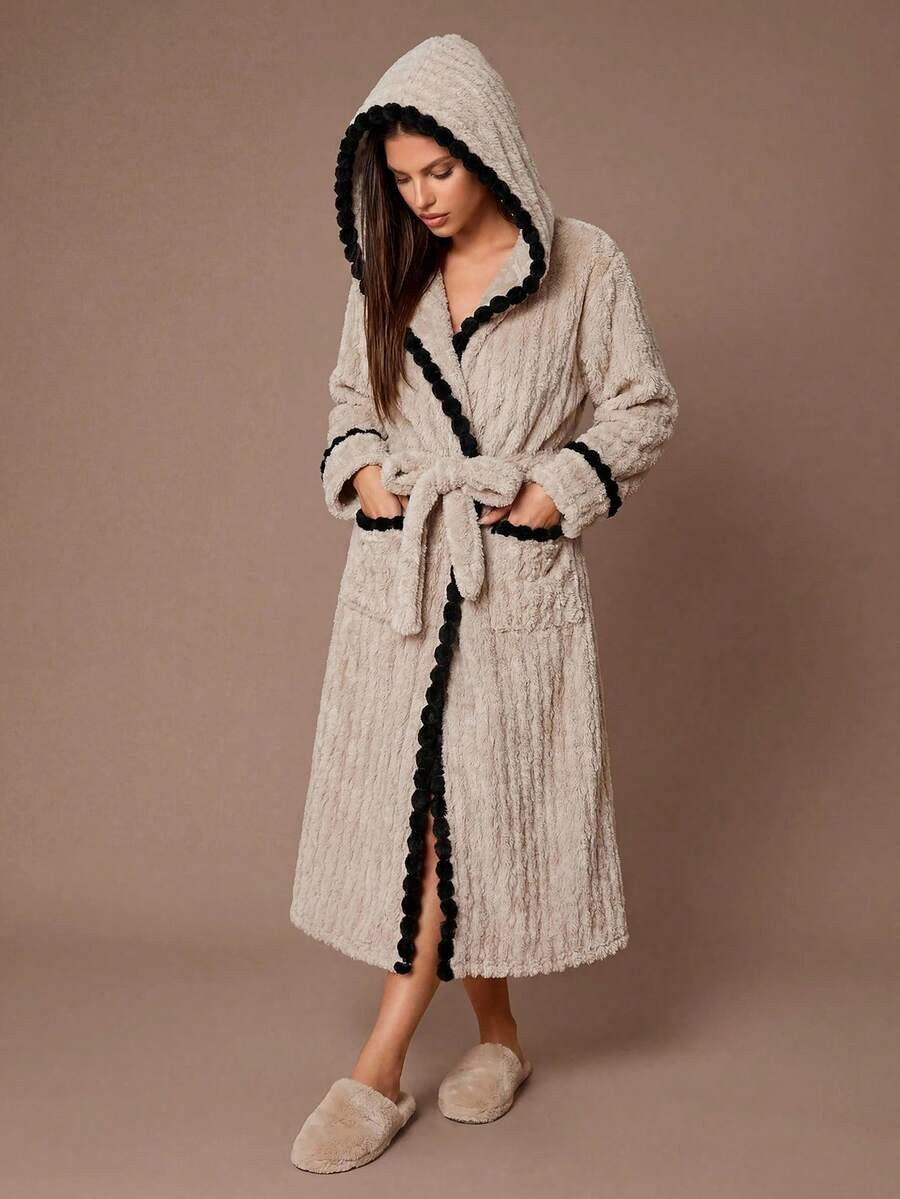 Women's Long Plush Robe, Taupe Hooded Bathrobe with Black Pom Pom Trim, Tie Belt and Pockets, Taupe