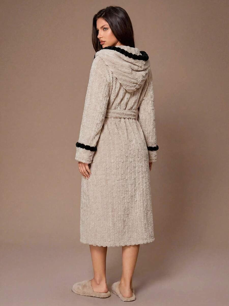 Women's Long Plush Robe, Taupe Hooded Bathrobe with Black Pom Pom Trim, Tie Belt and Pockets, Taupe, view 2
